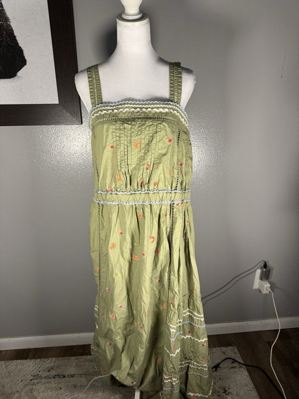 Roller Rabbit Green Maxi Dress With Embroidered Citrus & Cocktails Womens Size M